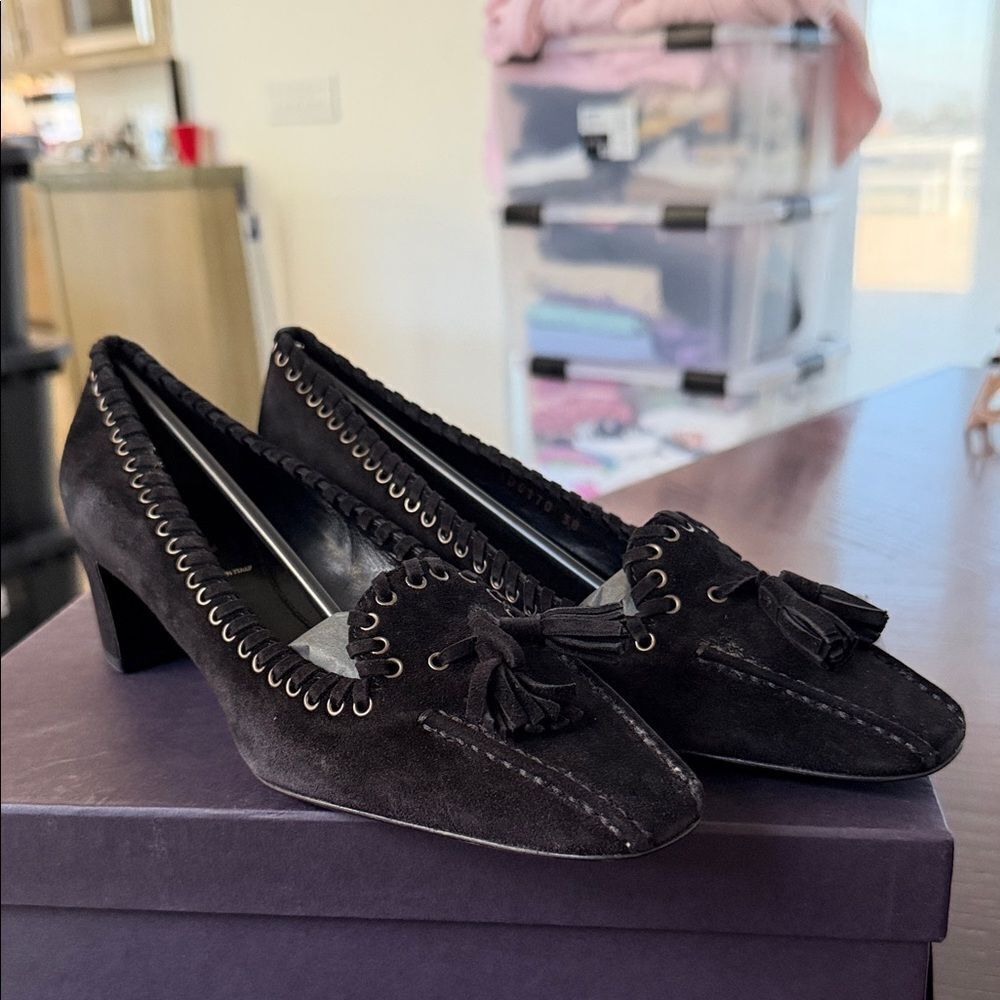 Prada Black Suede Tassel Loafers 38